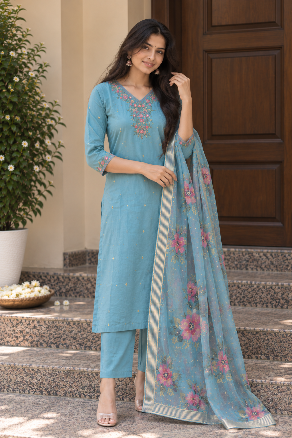 Sky Blue Floral Embroidered 3-Piece Set — product photo 3