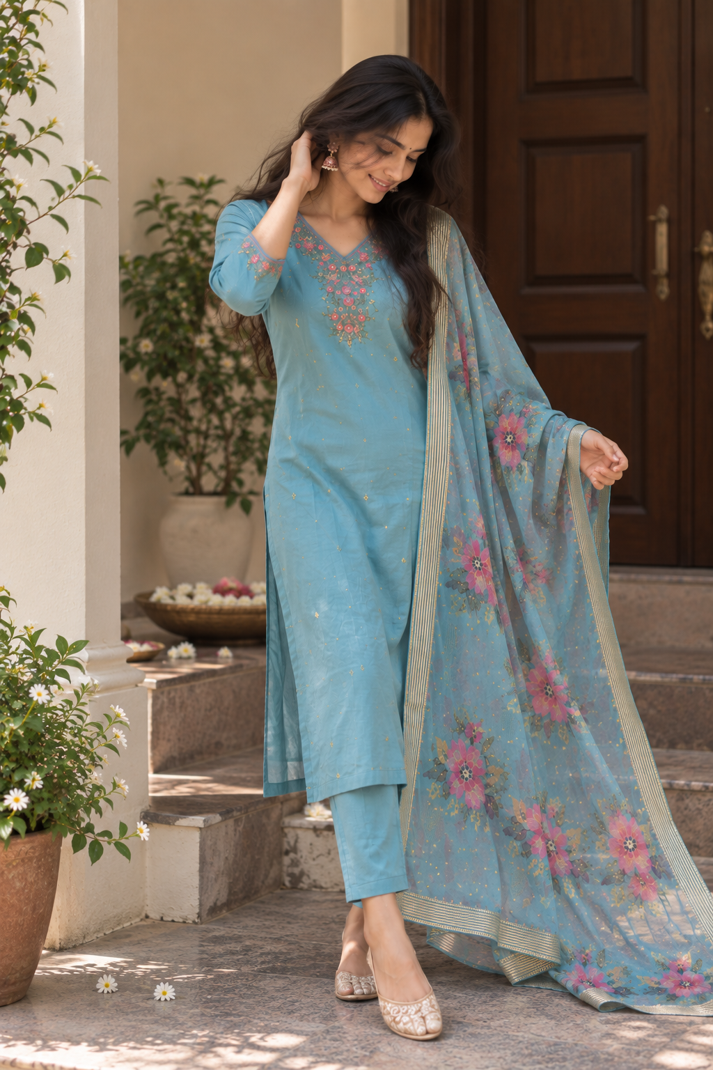 Sky Blue Floral Embroidered 3-Piece Set — product photo 4