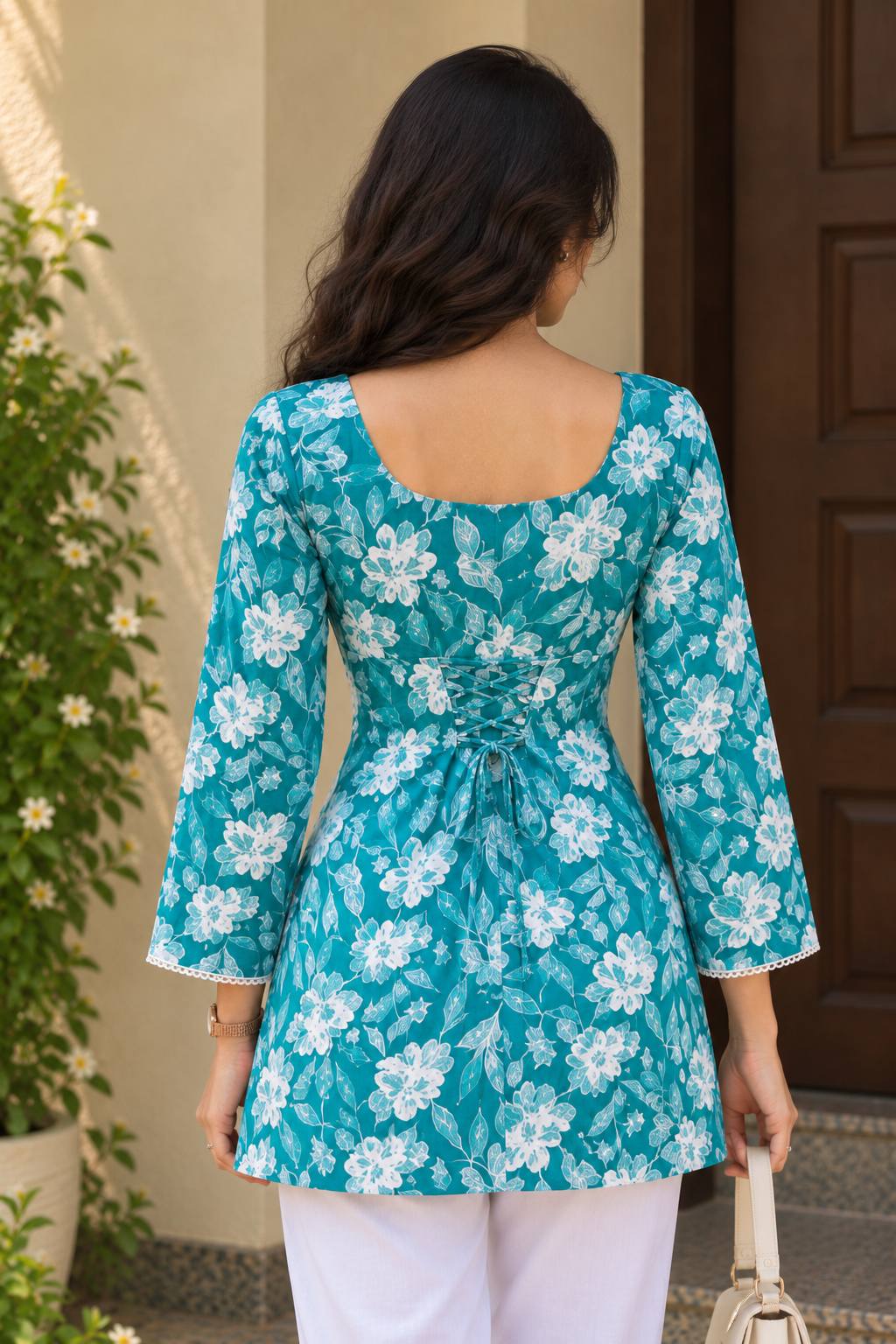 Teal Floral Printed Short Kurti — product photo 2
