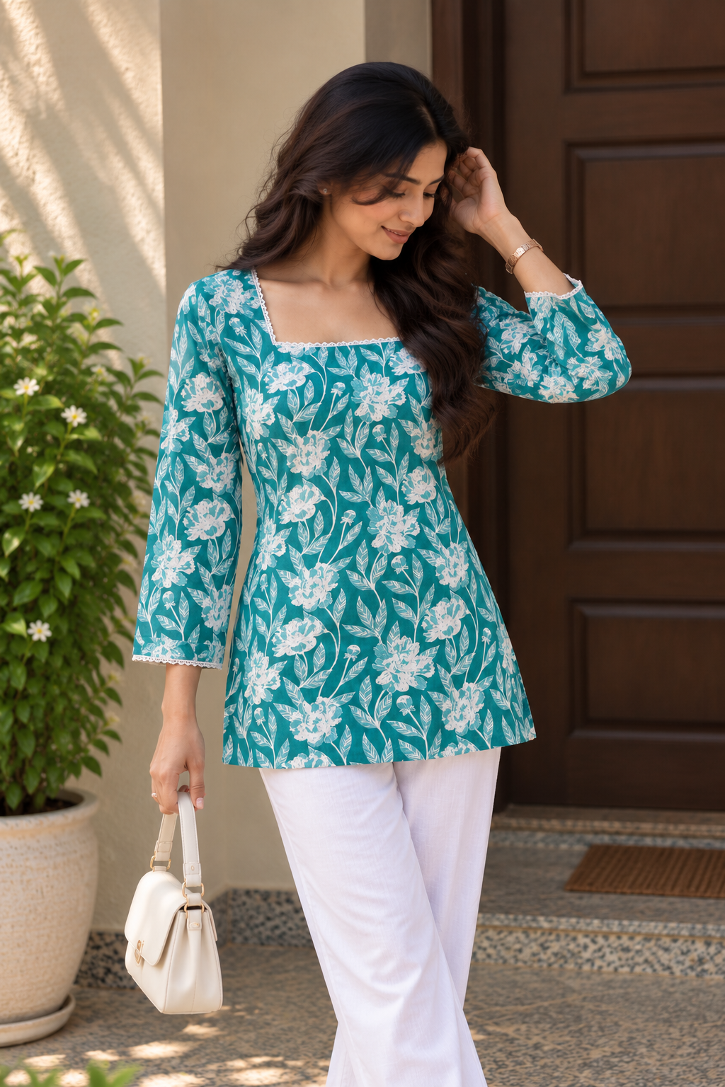 Teal Floral Printed Short Kurti — product photo 4