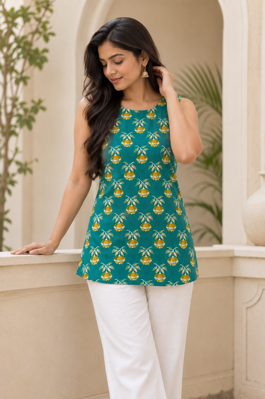 Teal Floral Sleeveless Short Kurti — product photo 2