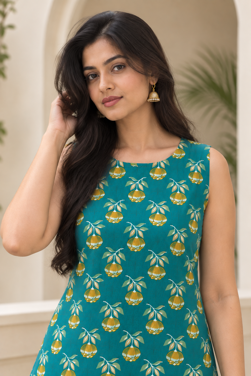 Teal Floral Sleeveless Short Kurti — product photo 4
